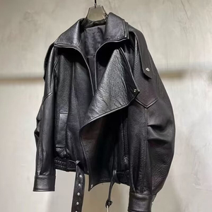 HARAZ INTERNATIONAL Blouson de moto en cuir véritable pour homme, col rabattable, fermeture éclair, design ceinturé, style automne, coupe classique - Product Image 3