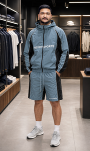 REXFIT SPORTS 2026Custom Mens Blue Gray Nylon Windbreaker Set Hooded Pullover <b>Jacket</b> Shorts Private Label Sportswear Manufactur - Product Image 3