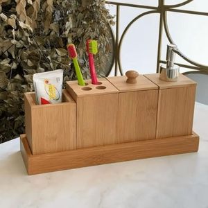 Natural Wooden <b>Bathroom</b> <b>Set</b> With <b>Soap</b> <b>Dispenser</b> Toothbrush Holder Tumbler And Stylish Countertop Accessories - Product Image 1