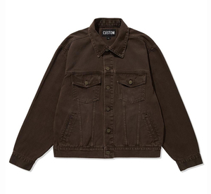 Custom 15 OZ Brown Washed <b>Mens</b> <b>Denim</b> <b>Jacket</b> 100 Percent Cotton Winter Coat Retro Boxy Fit - Product Image 1