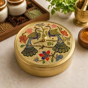 Handcrafted Brass Peacock Masala <b>Box</b>. Traditional Indian Spice <b>Storage</b> with 7 Containers & Spoon - Product Image 4