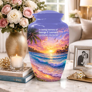 Aluminum Cremation Urn Beach Sunset Print Memorial <b>Keepsake</b> Vessel for Adult <b>Ashes</b> Decorative Funeral Use - Product Image 2