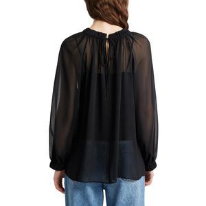 Blusa de Gasa Negra para Mujer, Cuello con Botones, Mangas con Volantes, Corte Regular, Transparente, Informal, Transpirable, 100% Algodón - Product Image 4