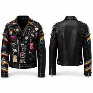 Men's Punk Leather Motorcycle <b>Jacket</b> With Rainbow Patches And Spikes Turn-down Collar Zipper Closure Autumn Wear - Product Image 1