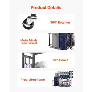 Organizzatore per Attrezzature da Palestra Domestica, Supporto per Tappetini Yoga in Acciaio Verniciato a Polvere con Ganci e Ruote, Scaffale Portaoggetti per Tappetini Yoga - Product Image 4