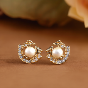 Vintage Gold Plated Stud Earrings with Pearl and Diamond Accents - Product Image 3