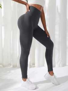 Leggings de yoga taille haute pleine longueur, couleur unie, sans couture, en Spandex et Nylon, avec taille élastique - Product Image 1