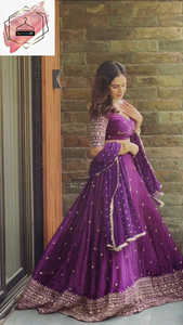 Lehenga de Seda Satinada de Diseño en Color Morado con Bordado de Hilo Pesado y Lentejuelas, Lehenga y Choli con Dupatta de Faux Georgette - Product Image 2