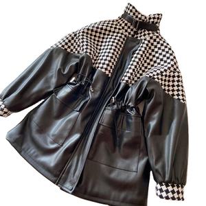 Automne hiver femmes mi-longueur fourrure doublure vestes Original peau de mouton cuir manteaux chaud Plaid Patchwork haute rue toile - Product Image 1
