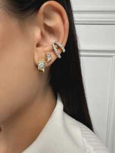 Doble Pendiente de Oreja sin Perforación de Oro Sólido 10K 14K 18K con Diamantes de Laboratorio de Corte Redondo de Lujo Engastados en Pavé, Joyería Minimalista para Cartílago - Product Image 2