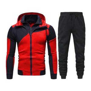 Men's Red Black Color Block Hooded Tracksuit Set Full Sleeve <b>Zipper</b> <b>Sweatshirt</b> With Side Pockets Drawstring Pants Autumn - Product Image 1