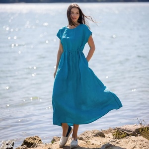 V-Neck 100% Cotton <b>Bell</b> Sleeve High-Waisted A-Line Midi <b>Dress</b> Bow Decoration Side Pockets Breathable Handmade Fabric-Vintage - Product Image 1