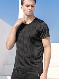 T-shirt en tricot respirant à manches courtes et col rond pour homme, coupe classique, couleur unie, décontracté, 100% polyester - Product Image 2