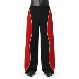 Pantalon de jogging pour homme noir et rouge, coupe large, avec empiècements latéraux contrastants, taille à cordon, style sportswear personnalisé, vente en gros - Product Image 1