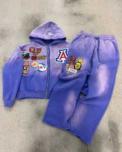 Nesta Sports Sweat à capuche personnalisé avec patch brodé effet vieilli et pantalon de jogging vintage en coton zippé coupe ample délavé à l'acide pour homme - Product Image 1