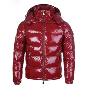 Men's <b>Red</b> <b>Hooded</b> Puffer <b>Jacket</b> PU Coated Windproof Zipper Closure Casual Winter Wear Thick Insulated Solid Color Regular Fit - Product Image 5