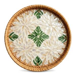 NEHA ENTERPRISES Natural Woven Rattan Serving Tray Shell Inlay Decorative Design Handmade Multi-Functional Bohemian Dining <b>Table</b> - Product Image 3