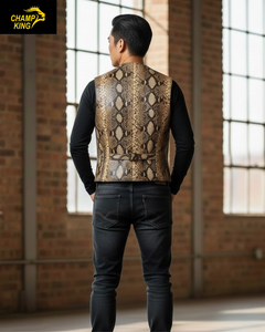 Gilet en cuir exotique premium pour homme, motif python, avec ceinture arrière classique réglable. - Product Image 4
