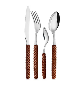 Cuillère en rotin et acier inoxydable avec manche en rotin, ustensiles de cuisine, 4 pièces, couteau à beurre/fourchette/cuillère en acier, cuillère en acier - Product Image 1