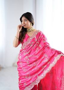 Elegant Indian <b>Satin</b> Silk <b>Saree</b> With Coding Sequins Embroidery Traditional Wedding Party Wear Pink <b>Saree</b> - Product Image 5