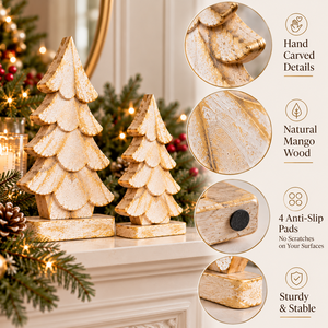 Designer White Gold Christmas Trees Set of 2 Figurines for <b>Shelf</b> <b>Mantel</b> Table Decoration Handmade Mango <b>Wood</b> Decor Wholesale - Product Image 2