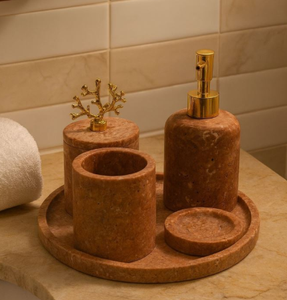 Juego de Baño de Mármol Marrón de Lujo, Ecológico e Impermeable, Dispensador de Jabón y Juego de Recipientes para Lavado, para Hogar y Restaurante - Product Image 1
