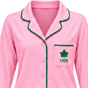 Wholesale <b>Pink</b> Two Piece Nightwear Set for Women with Green Greek Letter Embroidery Contrast Trim <b>Long</b> <b>Sleeve</b> <b>Top</b> - Product Image 3