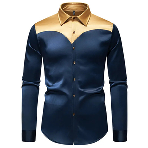 Chemise habillée noire en satin pour homme avec col et poignets dorés, manches longues, formelle, anti-plis, col rabattu - Product Image 5