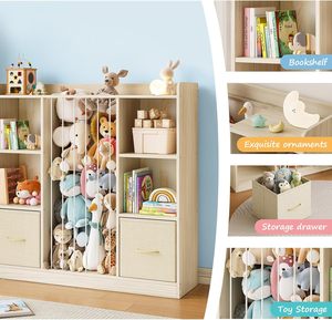 Meuble de rangement multifonctionnel en bois pour enfants avec 2 bacs en tissu et fentes verticales – Étagère haute pour jouets d'enfants pour la maison - Product Image 3