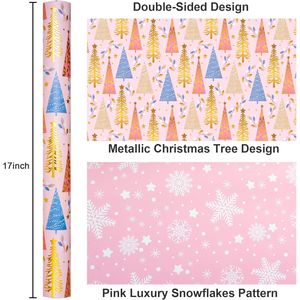 Carta da Regalo Natalizia Rosa Reversibile con Tema Albero e Fiocchi di Neve in Lamina Metallica per Regali da Ragazza - Product Image 2