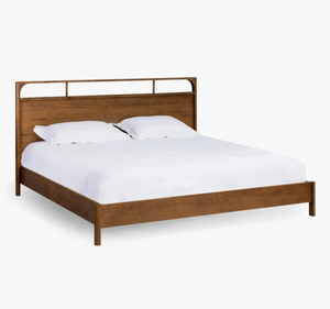 Cadre de lit moderne minimaliste en teck massif avec tête de lit à lignes horizontales, sommier à lattes, profil bas, chambre à coucher contemporaine - Product Image 1