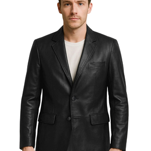 Blazer en cuir véritable noir pour homme, col rabattu, simple boutonnage - Product Image 5
