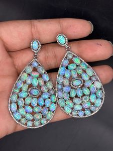 Ethiopian Opal Diamond Earring Pave Diamond Earrings 925 Sterling Silver Handmade <b>Oxidized</b> Dongle Diamond Earring Gift For Her - Product Image 3