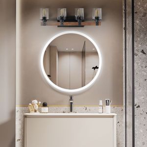 Lampada da Parete Rustica a 4 Luci da 27 Pollici, Stile Industriale Moderno per Bagno, con Accenti in Legno e Paralumi in Vetro - Product Image 2