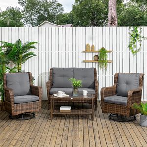4-Piece All-Weather PE Rattan Garden Patio Set Gray Sofa with 2 <b>Swivel</b> Rocking Chairs and 2-Tier Glass <b>Table</b> - Product Image 2