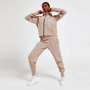 Ensemble de survêtement beige pour femme, sweat-shirt à capuche zippé, pantalon de jogging, manches longues, poches latérales, tenue décontractée pour l'automne - Product Image 1