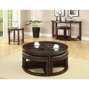 Set Tavolino da Caffè in Noce Scuro con Piano in Vetro e Pouf, Arredamento per Soggiorno - Product Image 6