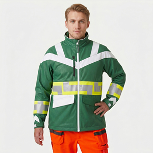<b>Men's</b> Green Hi Visibility Reflective Work <b>Jacket</b> With <b>White</b> And Yellow Stripes Stand Collar Zipper Front Safety Coat <b>Jacket</b> <b>Men</b> - Product Image 1