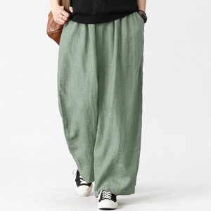 Pantalon large en coton et lin pour homme, taille haute, coupe ample, respirant, pour l'été, avec cordon de serrage, couleur unie, décontracté - Product Image 4