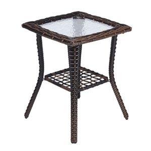 Brown Outdoor Wicker Side Table with Glass Top Rattan End Table for Patio Indoor Garden Porch Balcony-Coffee Bistro Table - Product Image 3