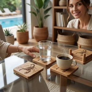 Juego de Posavasos Cuadrados de Madera con Diseño de Elefante, Hechos a Mano, Antideslizantes, Acabado Natural, 10 cm de Diámetro, Modelo C de Uttar Pradesh - Product Image 3