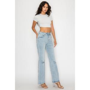 Jean évasé bleu clair taille haute, coupe large, effet usé, pour femme - Product Image 1