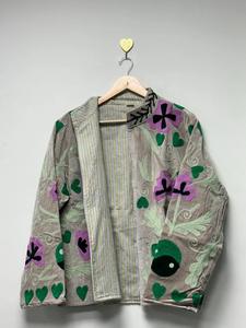 Ethnic Dark Gray <b>Velvet</b> Suzani Floral Embroidered Jacket Full Sleeve Stand Collar Handmade Bohemian <b>Women's</b> Winter <b>Coat</b> - Product Image 5