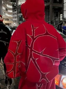 Men's Gothic Hooded Sweatshirt Oversized Zipper Print Red Black <b>Pattern</b> Autumn <b>Knitted</b> Polyester Regular Sleeve - Product Image 4