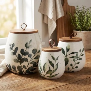 Ensemble de pots en céramique contemporains avec couvercle en bambou, design facetté, bocaux hermétiques pour le stockage des aliments, organisateur de cuisine élégant - Product Image 4