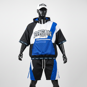 Conjunto corto cortavientos para hombre, tela de poliéster suave a prueba de viento, secado rápido, paneles en bloques de color negro, azul y blanco, estampado con logotipo, talla grande - Product Image 6