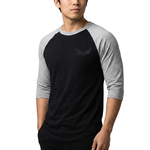 Men's <b>Black</b> Gray Raglan Sleeve T-Shirt Embossed <b>Wing</b> Logo O-Neck Casual Fit 100% Cotton Jersey Regular Length - Product Image 3