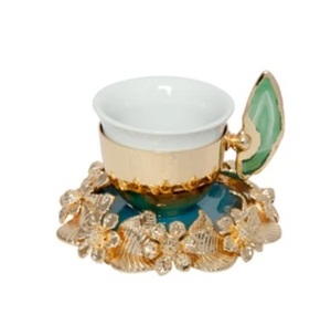 Gold Metal Tea Cup with Amethyst Handle on Marble Tray Glam Style Cups and Saucers for Afternoon Tea Serving Cup and <b>Sauce</b> - Product Image 2