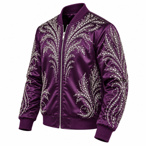 Chaqueta Bomber de Satén con Pedrería para Hombre, Chaqueta de Moda con Cristales Brillantes y Diseños de Estrellas - Product Image 1