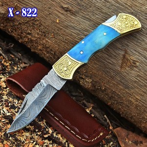 Custom Damascus Hunting <b>Knife</b> Blue <b>Bone</b> <b>Handle</b> Fixed Blade Skinning <b>Knife</b> for Camping, Bushcraft & Outdoor Adventures - Product Image 1